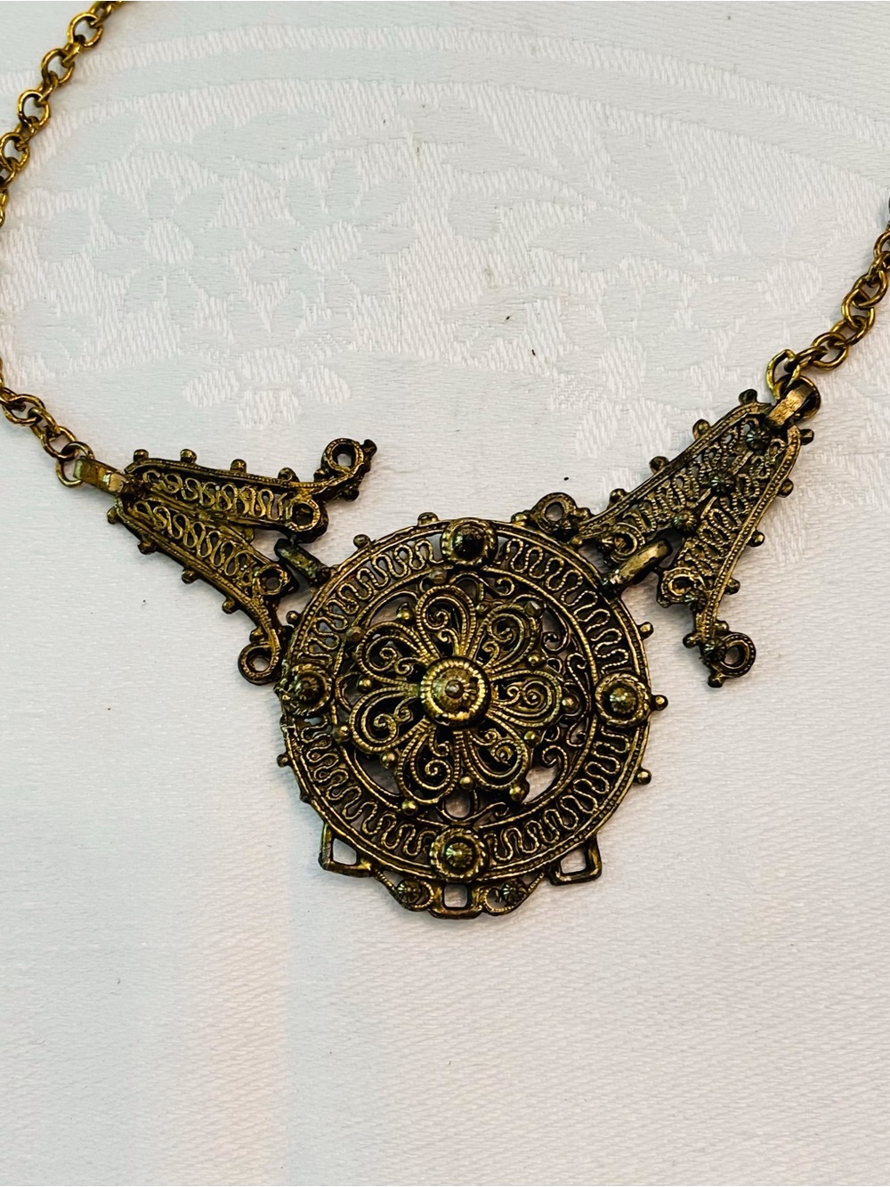 Vintage Victorian Revival Brass Filigree Pendant Necklace